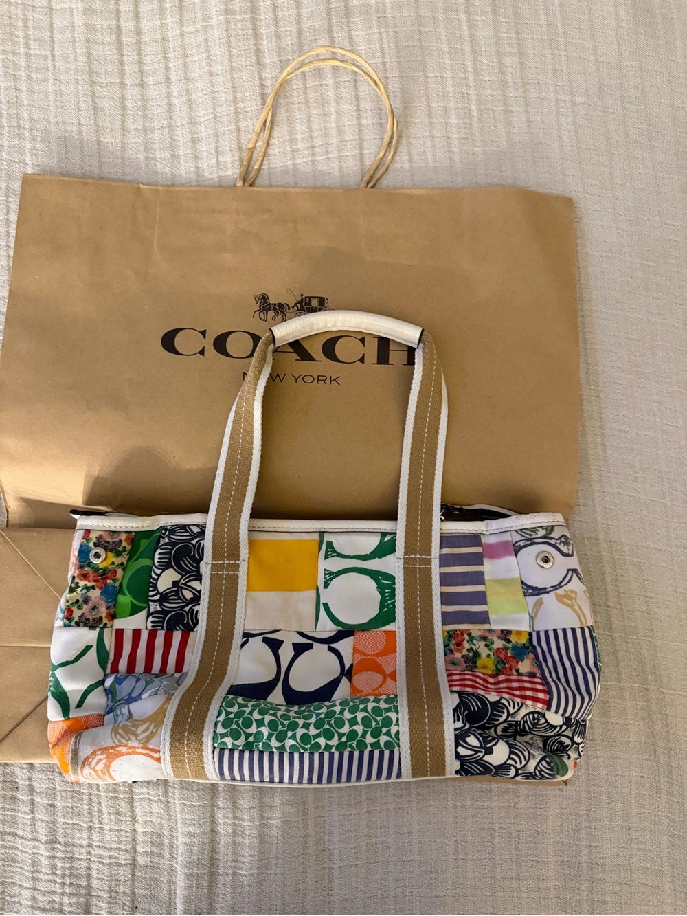 Coach Multicolor Patchwork Canvas Tote with Tan Handles